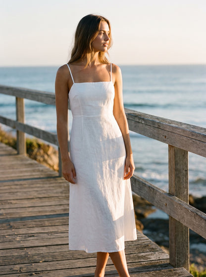White linen midi dress by Riley Belle