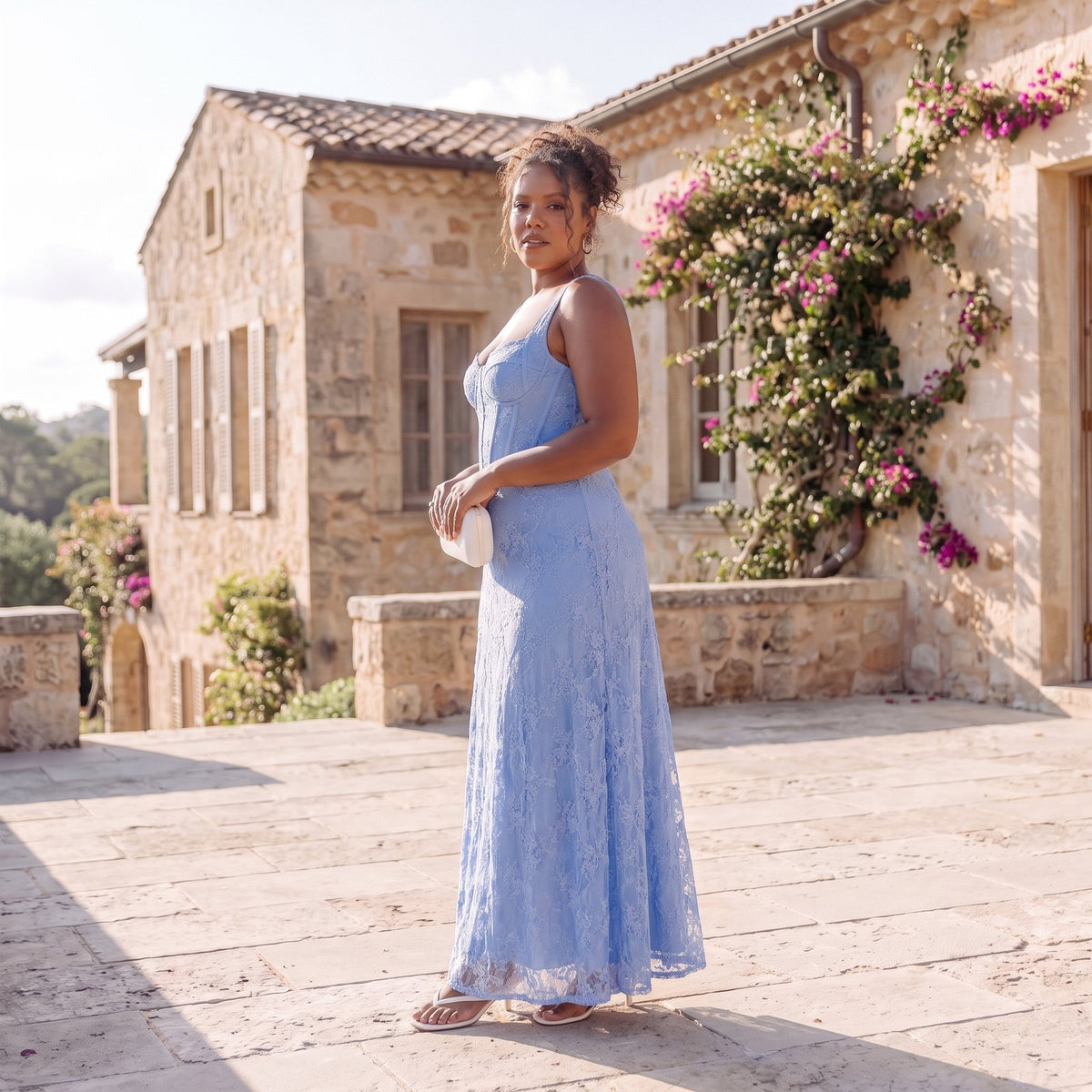 Delphine Cornflower Blue Lace Wedding Guest Maxi Dress