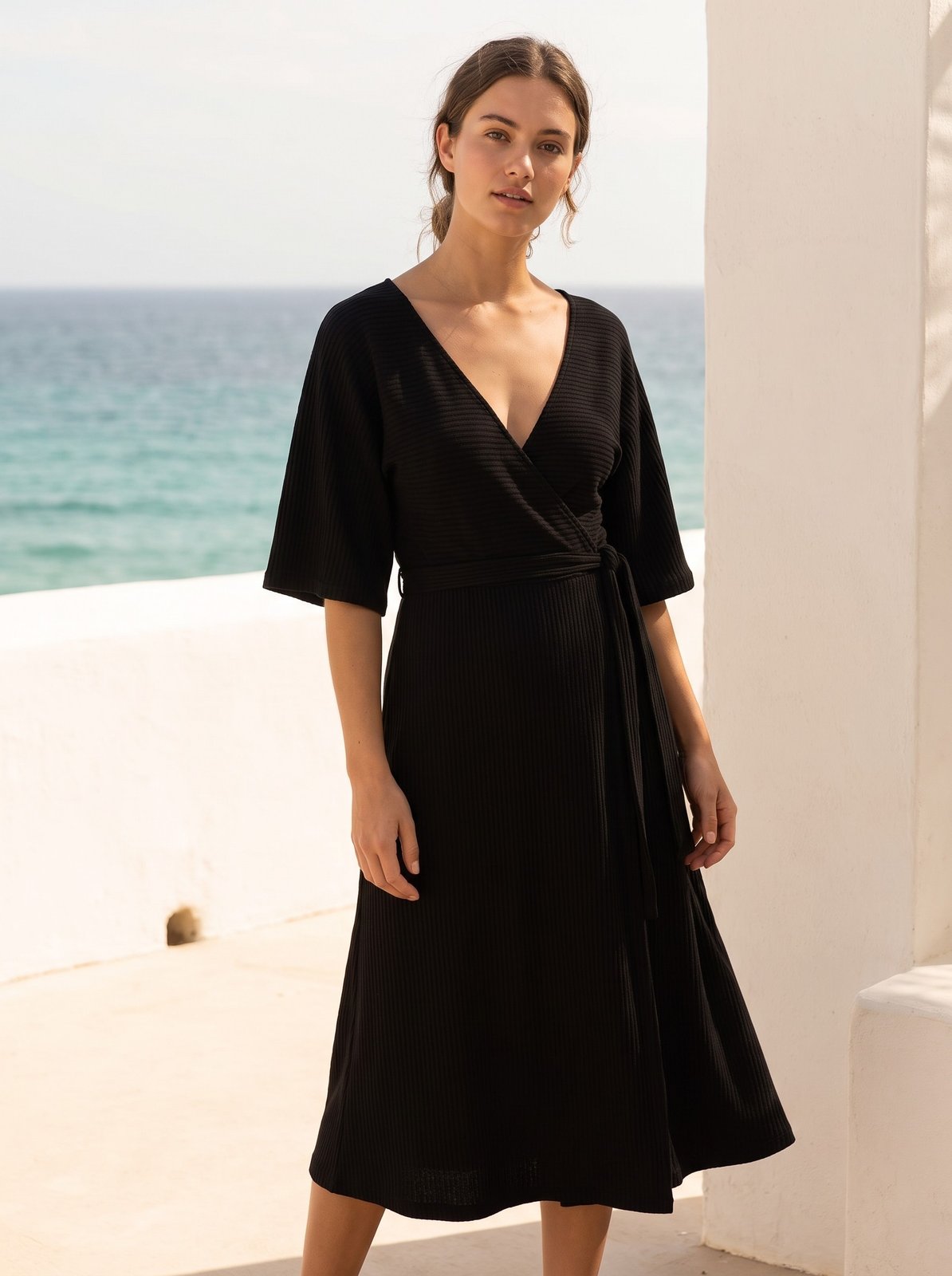 Una Romantic Black Wrap Midi Dress by Riley Belle