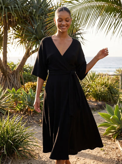 Una Romantic Black Wrap Midi Dress by Riley Belle