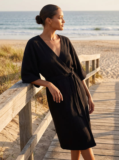 Una Romantic Black Wrap Midi Dress by Riley Belle