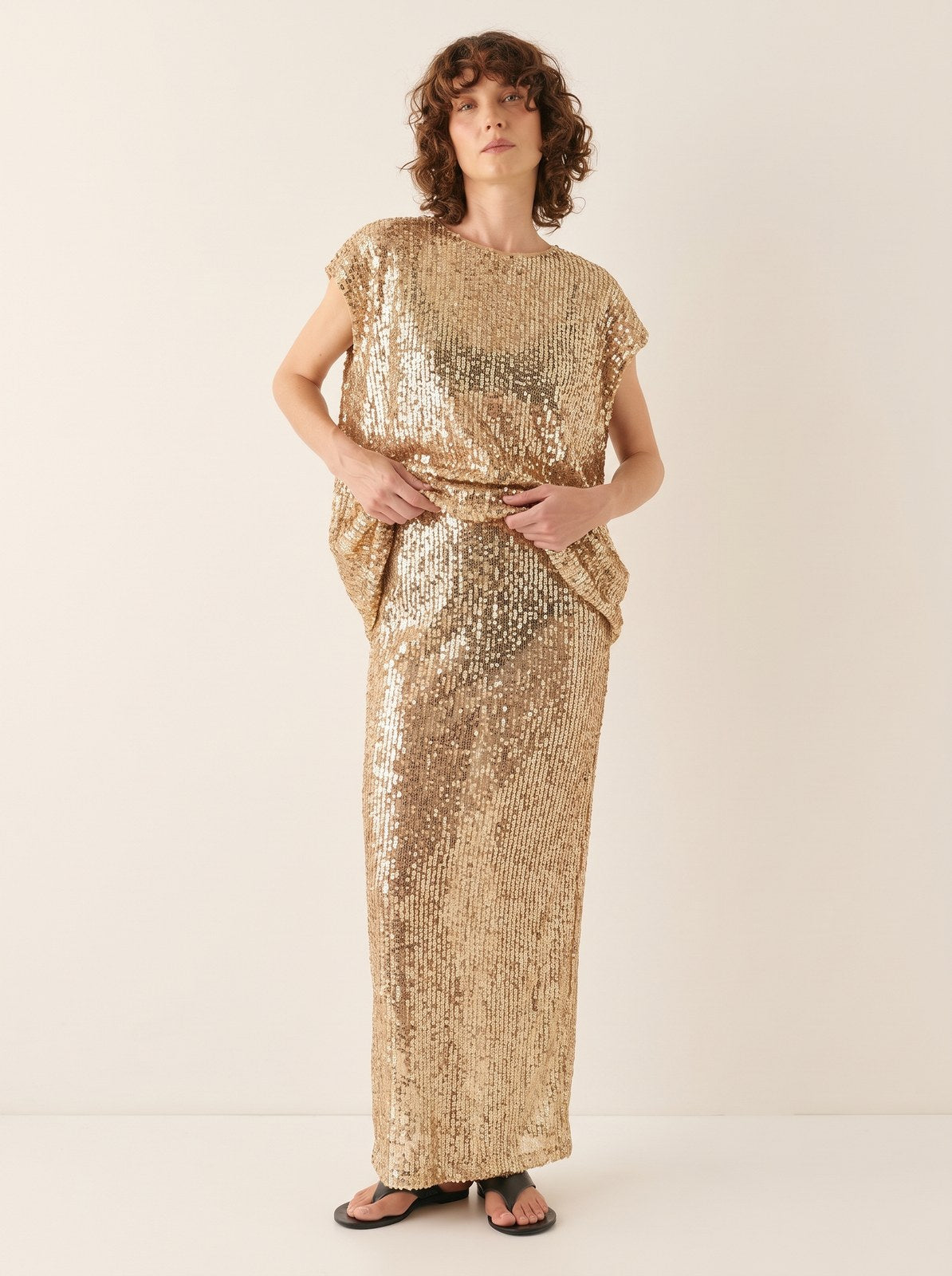 Vale Sparkling Gold Sequin Skirt and Top Set by Riley Belle