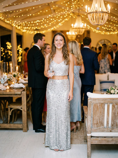 Vale Sparkling Silver Sequin Skirt and Top Set by Riley Belle