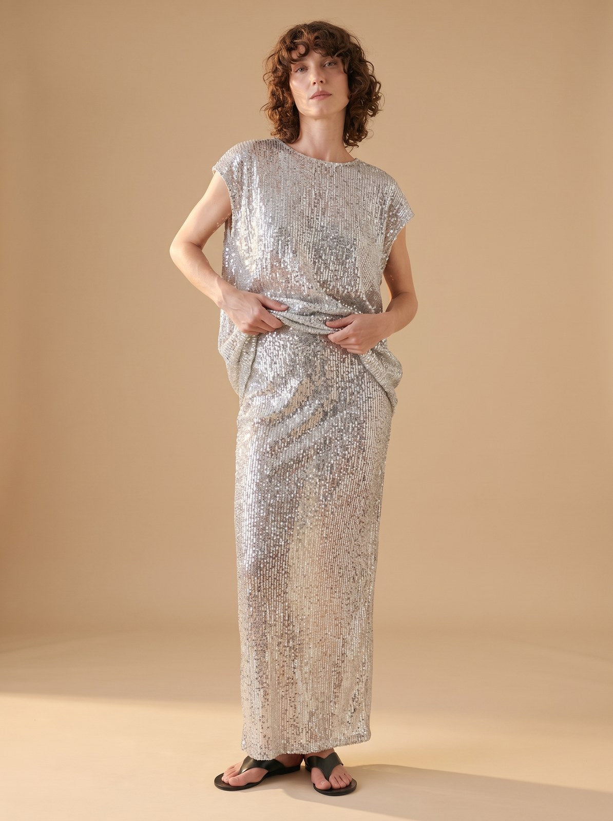 Vale Sparkling Silver Sequin Skirt and Top Set by Riley Belle