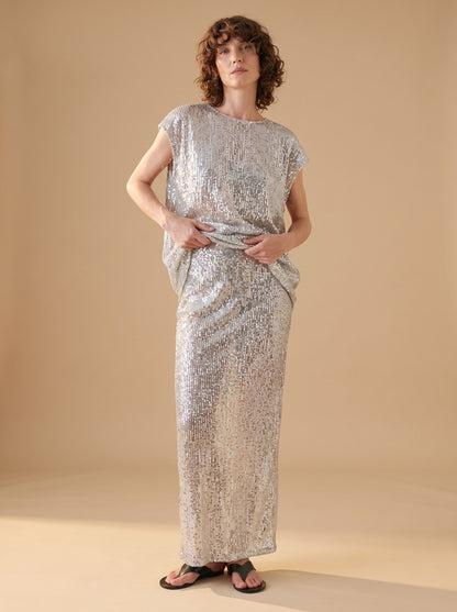 Vale Sparkling Silver Sequin Skirt and Top Set by Riley Belle