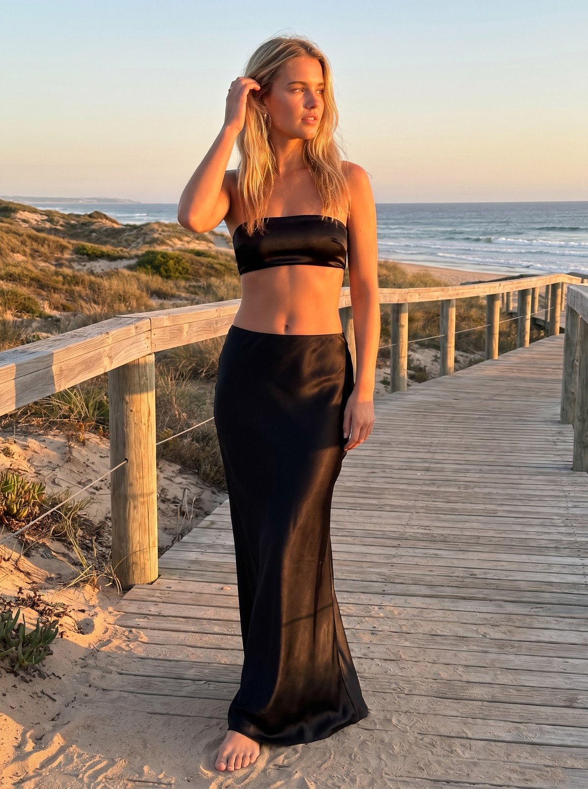 Vera Sleek Black Satin Skirt and Top Set by Riley Belle