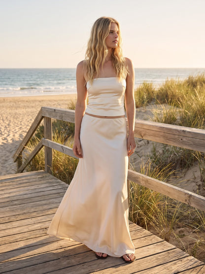 Vera Sleek Cream Satin Skirt and Top Set by Riley Belle
