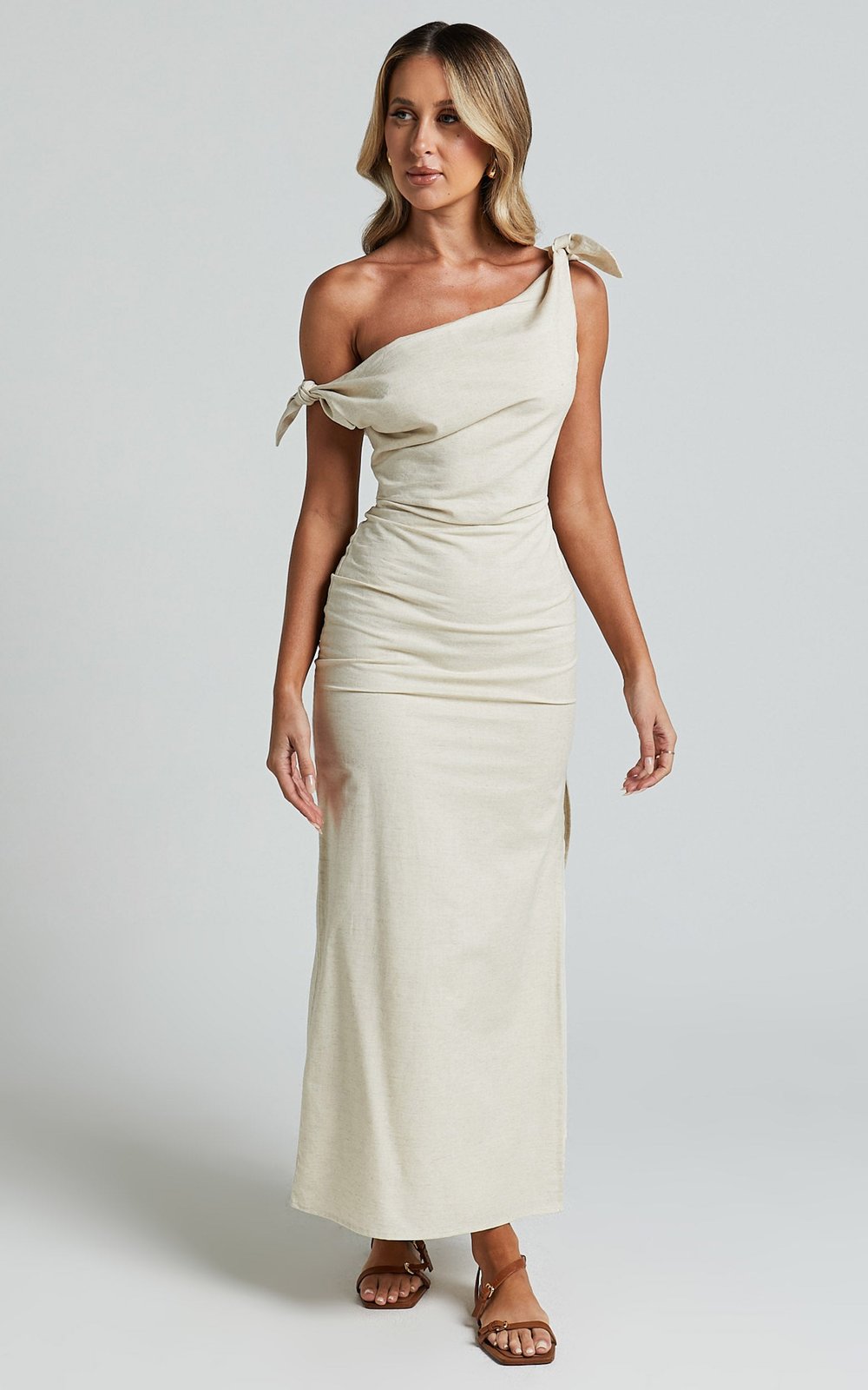 Brea Breezy Natural One-Shoulder Linen Maxi Dress detail by Riley Belle