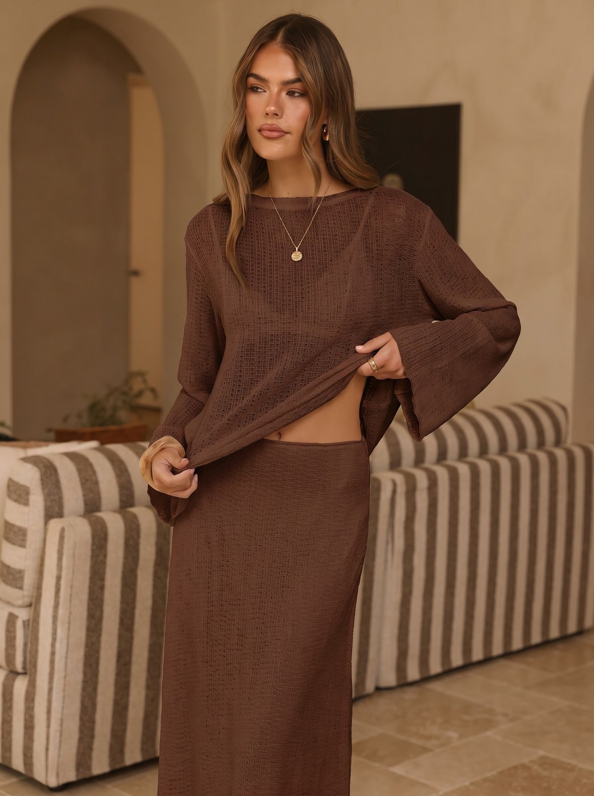 Willa Chocolate Brown Ribbed Knit Skirt and Top Set by Riley Belle