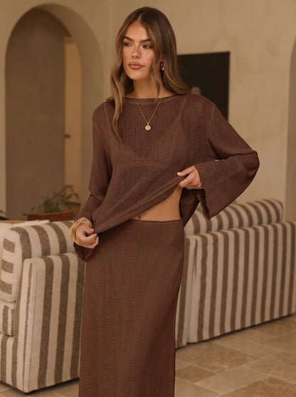 Willa Chocolate Brown Ribbed Knit Skirt and Top Set by Riley Belle