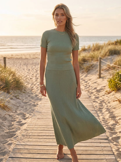 Willa Sage Green Ribbed Knit Skirt and Top Set by Riley Belle