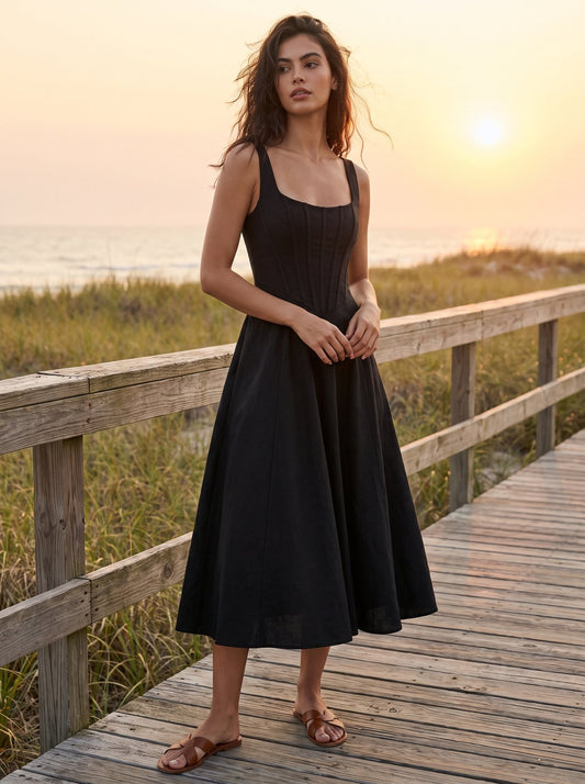 Black corset cocktail midi dress by Riley Belle