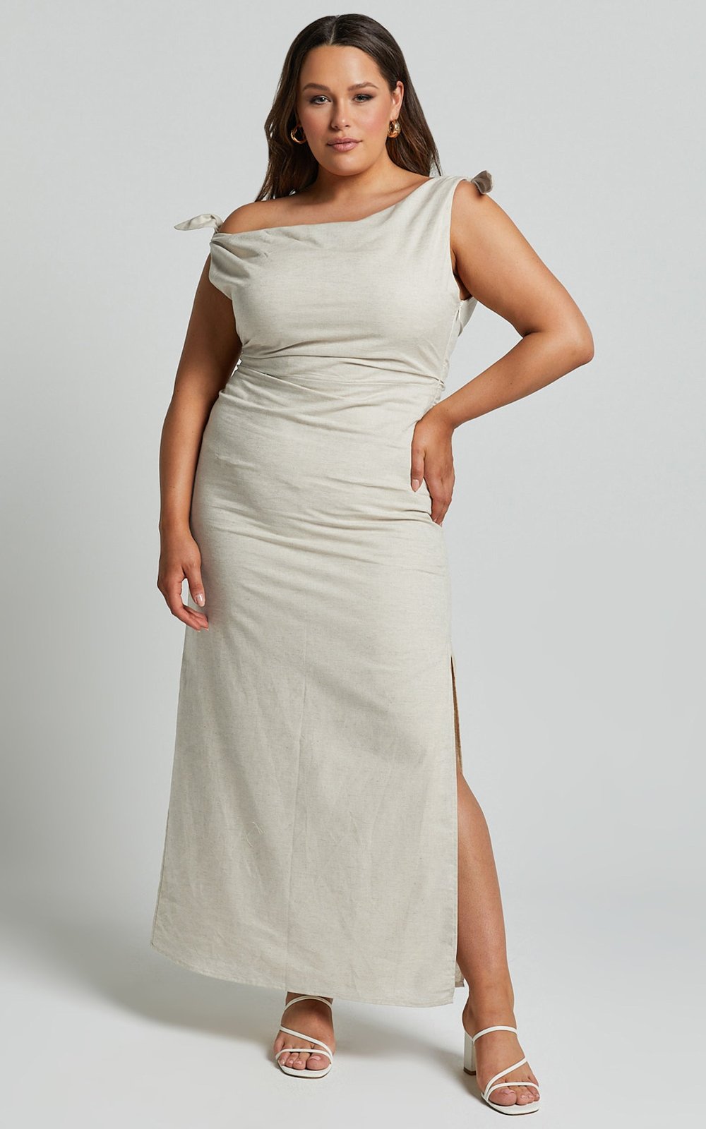 Brea Breezy Natural One-Shoulder Linen Maxi Dress side view by Riley Belle