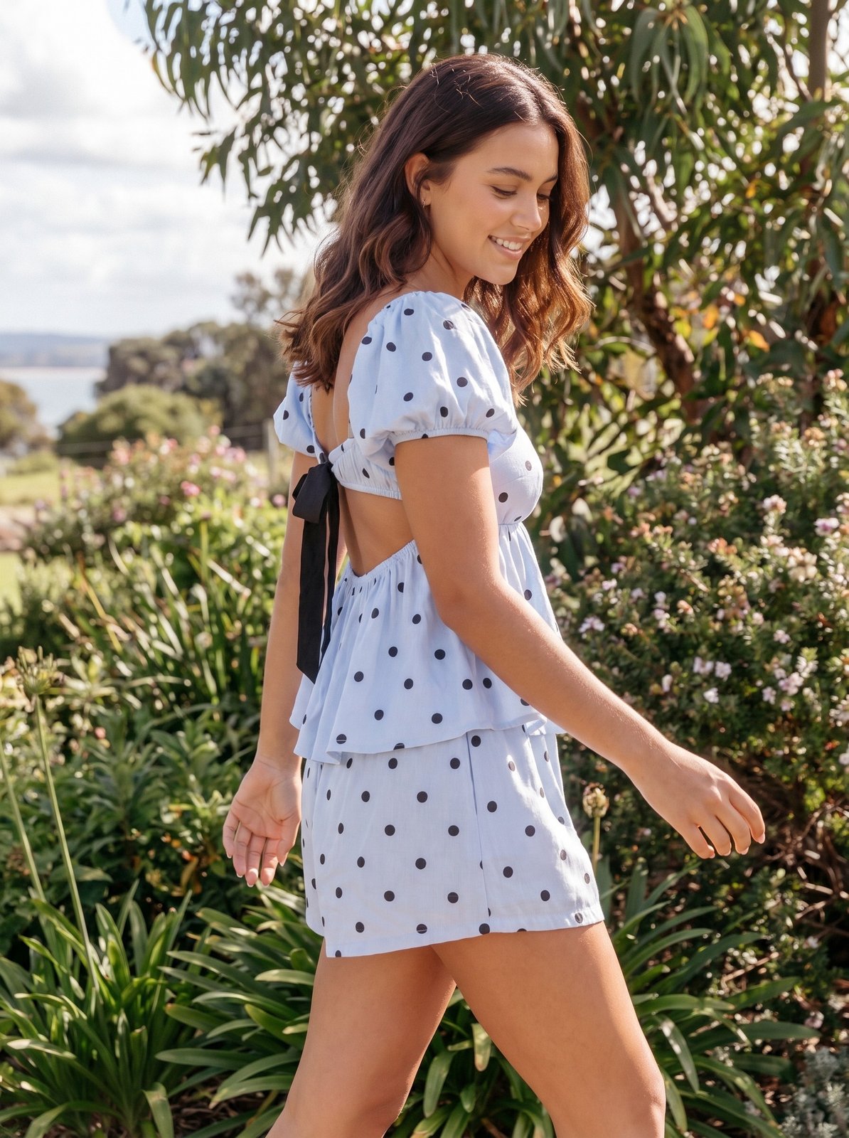 Yasmin Playful Blue Spot Print Two Piece Skirt and Top Set by Riley Belle