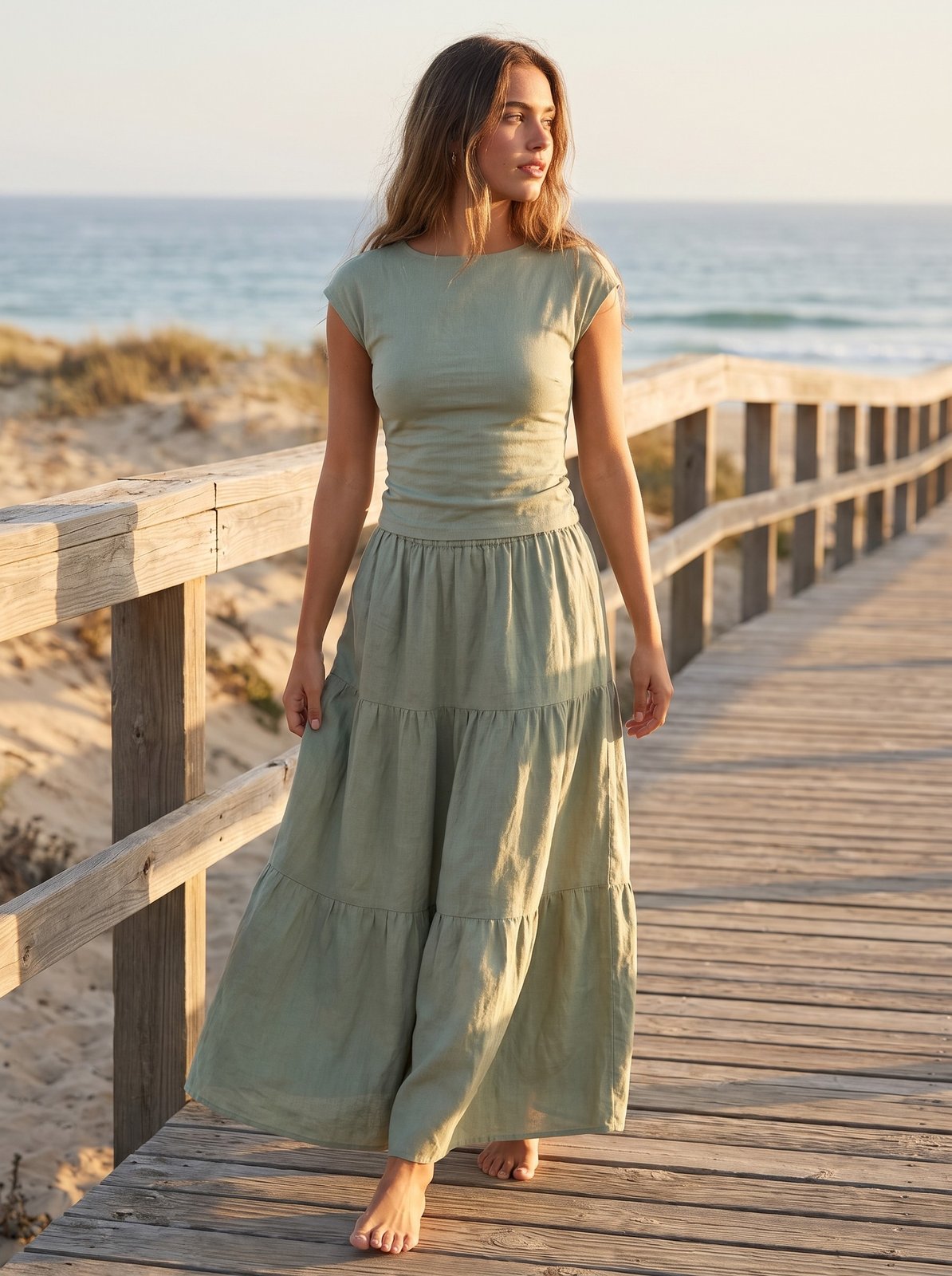 Zelda Natural Sage Green Linen Maxi Skirt by Riley Belle
