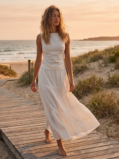 Zelda Natural White Linen Maxi Skirt by Riley Belle